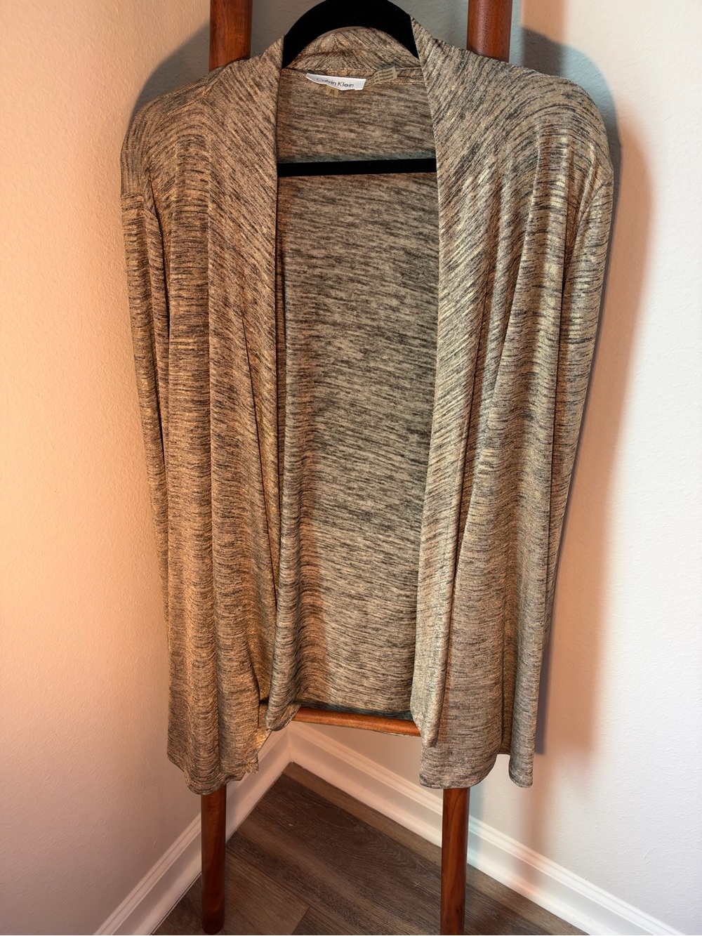 Calvin Klein Marled Taupe and Gold Open-Front Cardigan